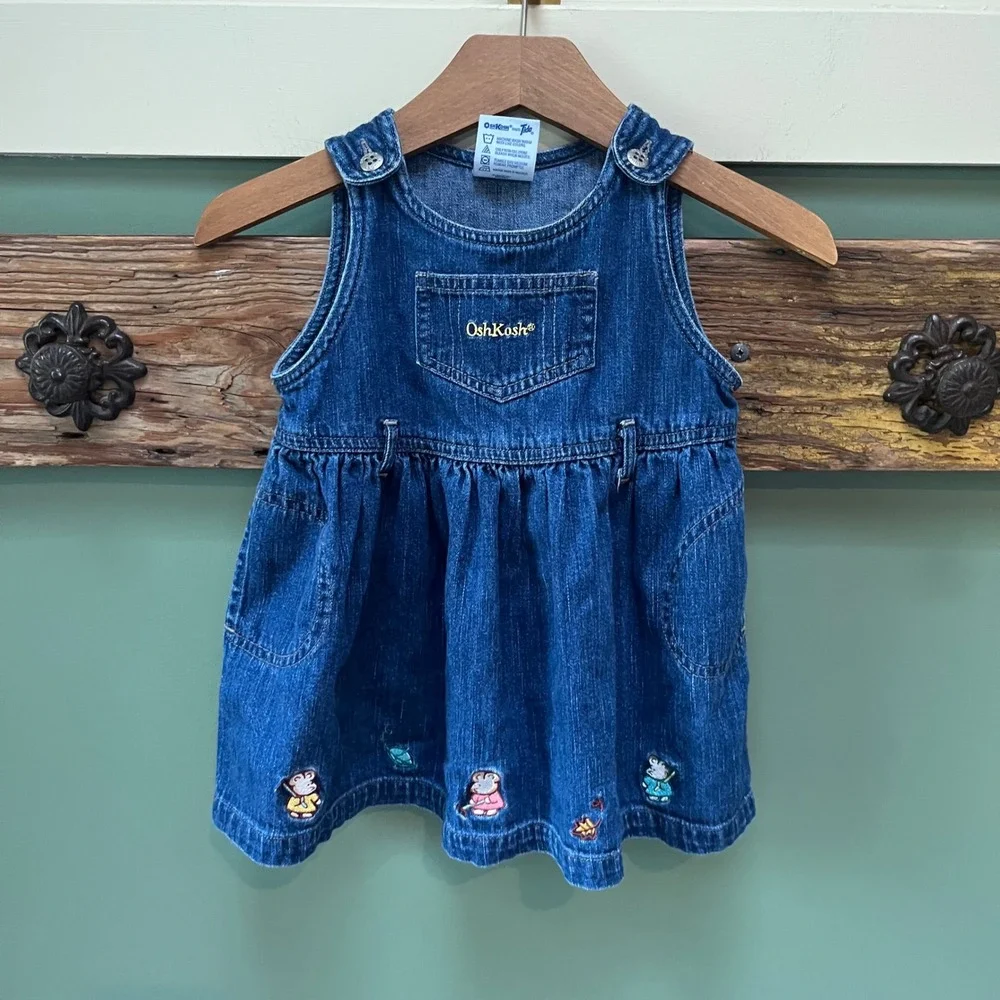 OshKosh Bgosh Vintage Denim Jumper Dress 18M Blue Embroidered Mice Gardening